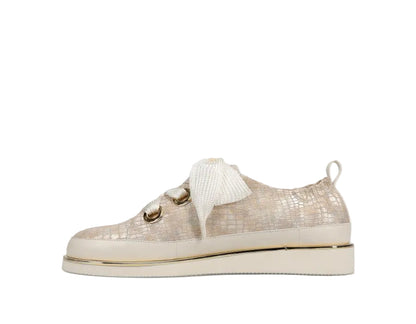 Quenda - Champagne Boro Print beige animal print lace-up shoe with oversized laces VANELI
