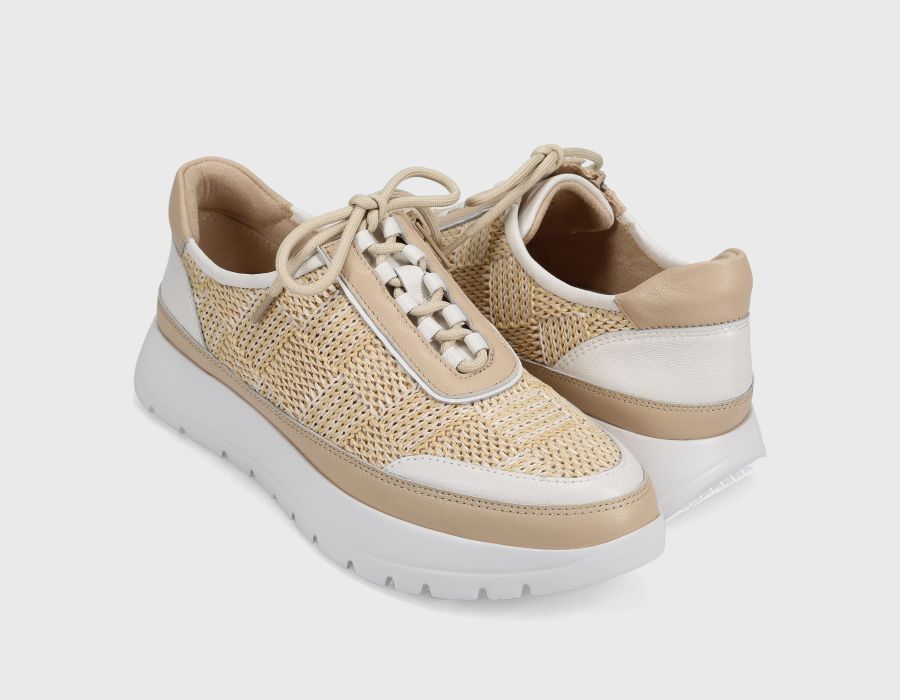 Qubi - Beige and White Tamara lace-up sneaker with leather and rope accents by VANELI at HCO