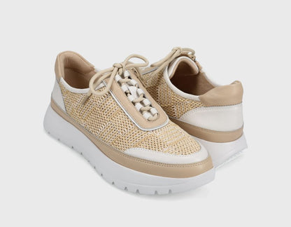 Qubi - Beige and White Tamara lace-up sneaker with leather and rope accents by VANELI at HCO