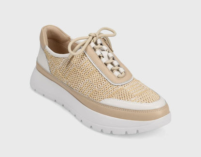 Qubi - Beige and White Tamara lace-up sneaker with leather, rope mesh, and rubber sole by VANELI at HCO