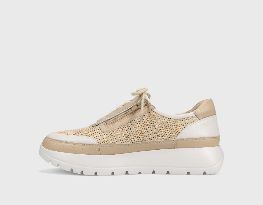 Qubi - Beige and White Tamara lace-up sneaker with leather and rope by VANELI, HCO Fredericksburg