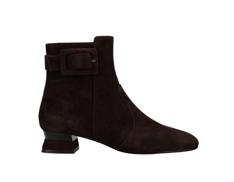 Pierot - Tmoro Suede brown rounded square-toe ankle boot with side zip and buckle heel