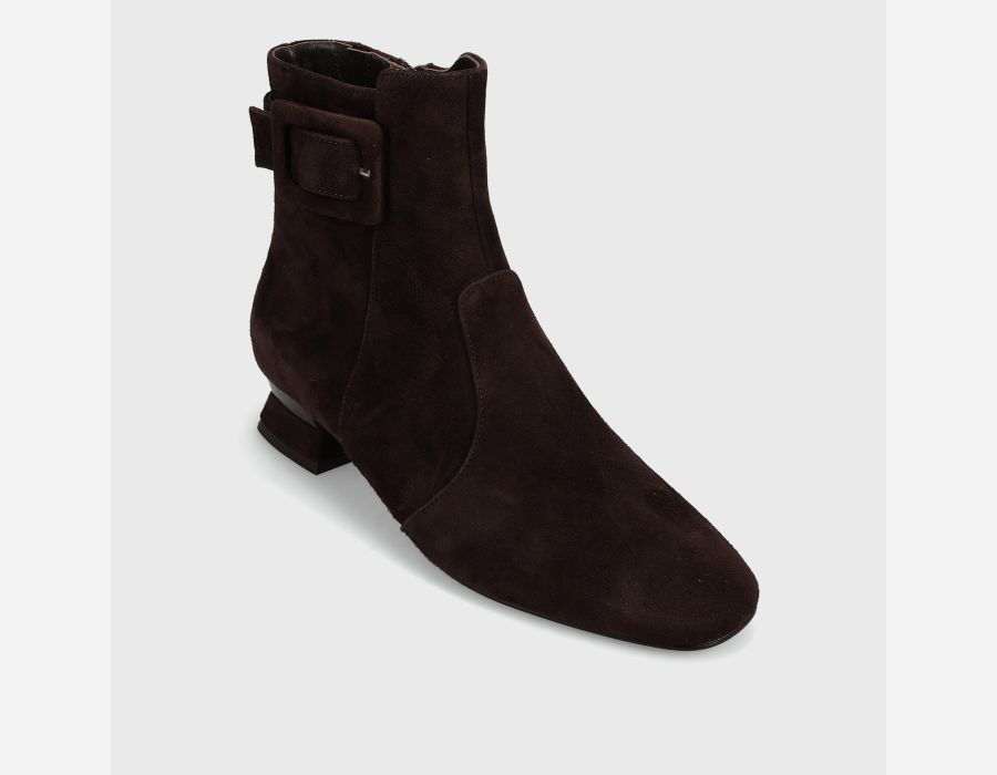 Pierot - Tmoro Suede brown rounded square-toe ankle boot with side zip and buckled tab heel