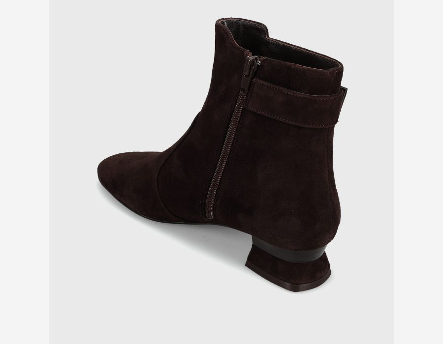 Pierot - Tmoro Suede dark brown rounded square-toe ankle boot with side zip and 1.25-inch heel