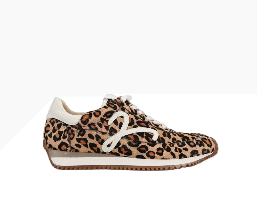 Queen - Camel Hairy Calf retro lace-up leopard print sneaker with padded collar and rubber sole