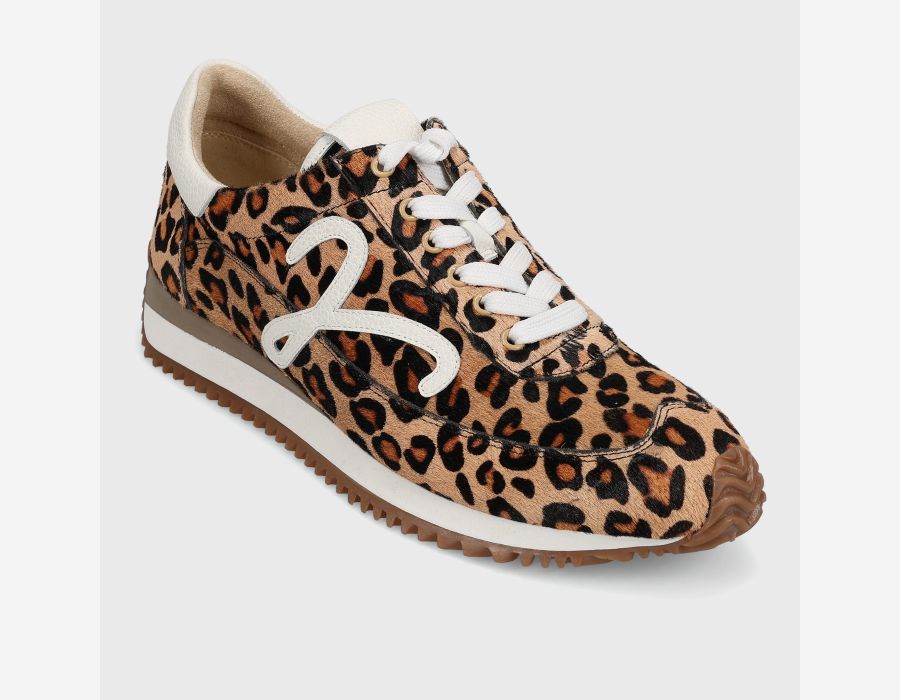 Queen - Camel Hairy Calf retro lace-up sneaker with leopard pattern and padded collar by VANELI