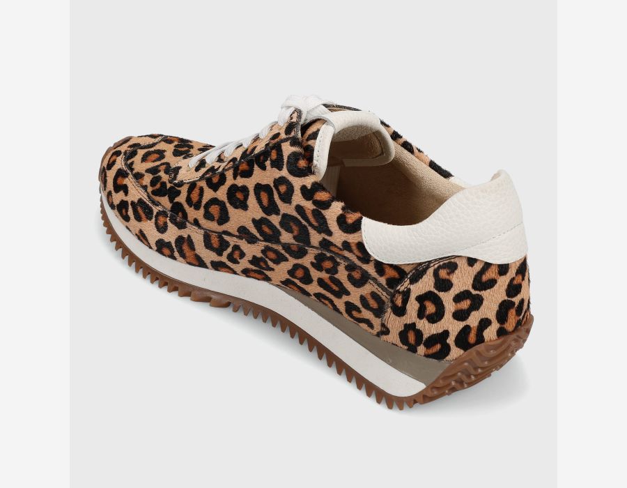 Queen - Camel Hairy Calf retro lace-up sneaker with animal print and two-tone rubber sole