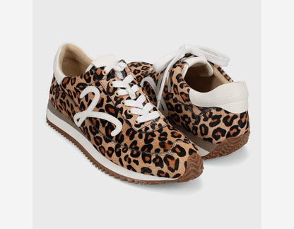 Queen - Camel Hairy Calf retro lace-up sneaker with leopard pattern and two-tone rubber sole