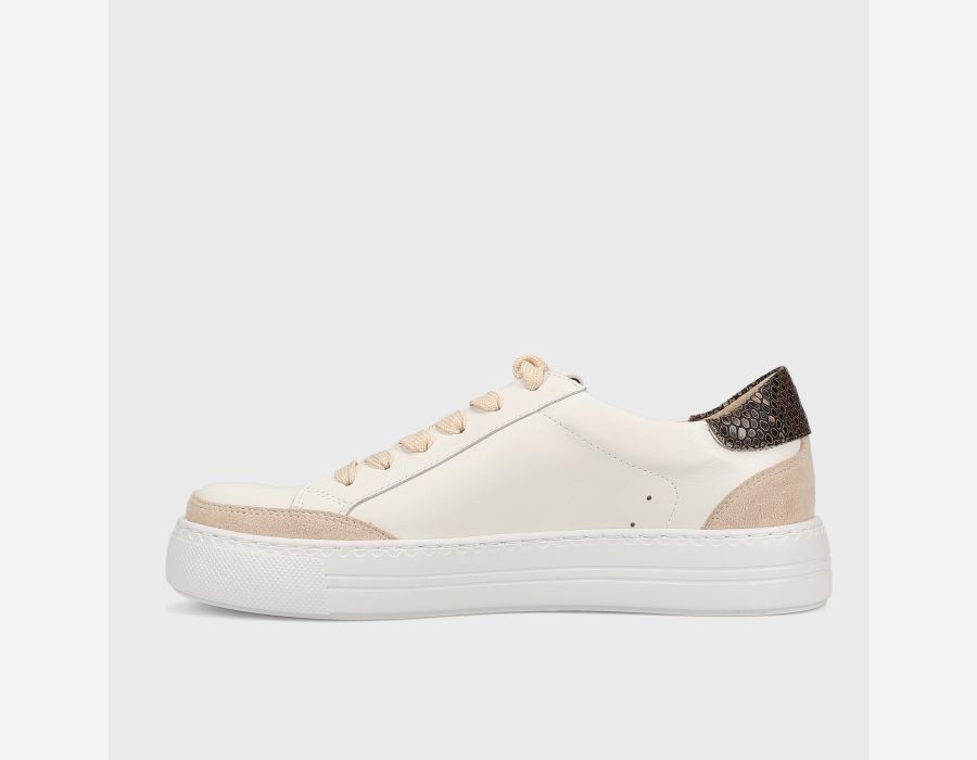 Ying - White mixed materials lace-up sneaker with brown textured heel and 1.25 inch sole by VANELI