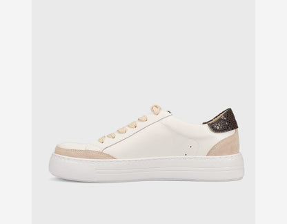 Ying - White mixed materials lace-up sneaker with brown textured heel and 1.25 inch sole by VANELI