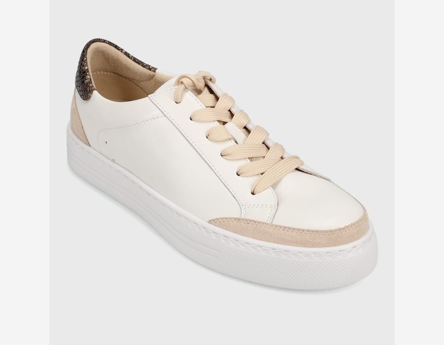 Ying - White mixed materials lace-up sneaker with beige accents and padded insole by VANELI