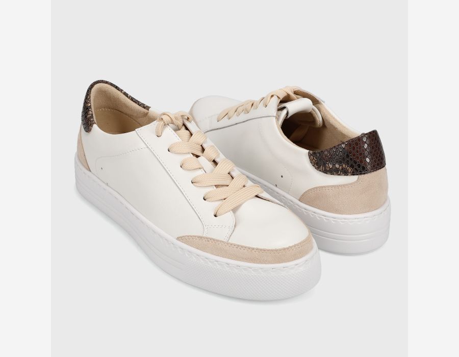 Ying - White mixed materials lace-up sneaker with textured brown heel and 1.25 inch sole by VANELI