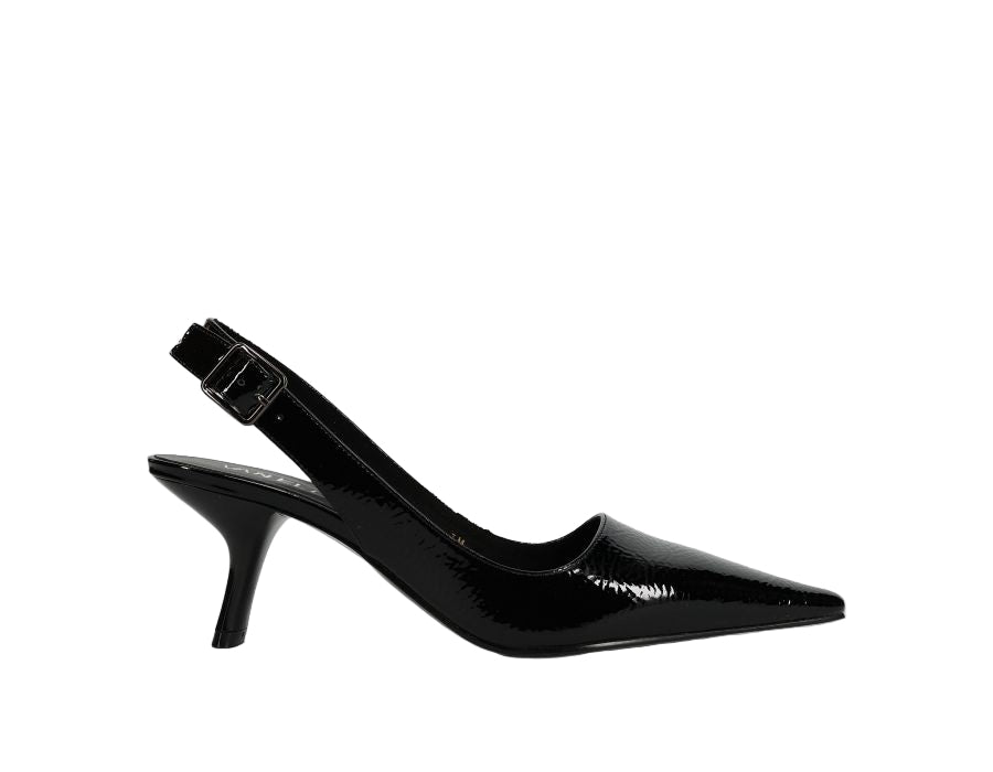 Patti - Black Naplak pointed toe patent slingback with buckled strap and 2.25-inch heel by VANELI