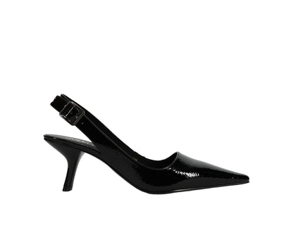 Patti - Black Naplak pointed toe patent slingback with buckled strap and 2.25-inch heel by VANELI