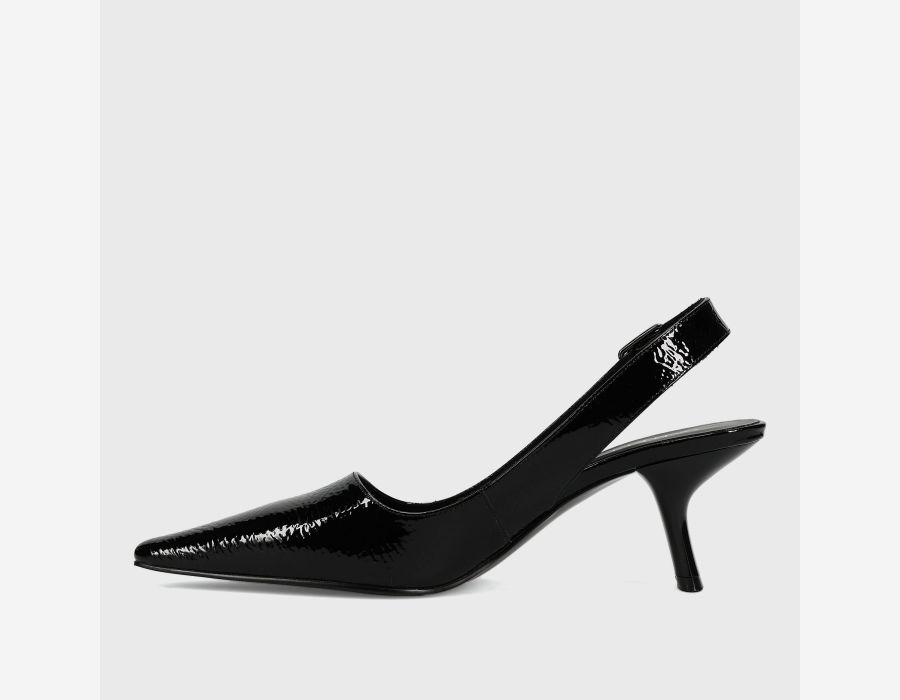 Patti - Black Naplak patent leather pointed toe slingback with buckled elastic strap and 2.25-inch heel