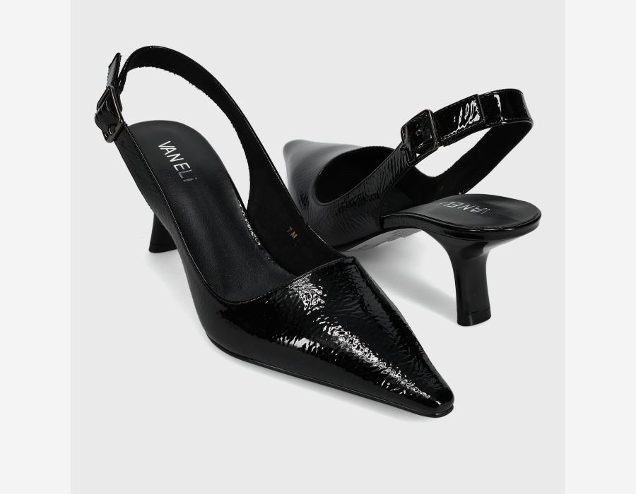 Patti - Black Naplak pointed toe patent slingback with buckled strap and 2.25-inch heel by VANELI