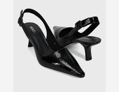 Patti - Black Naplak pointed toe patent slingback with buckled strap and 2.25-inch heel by VANELI