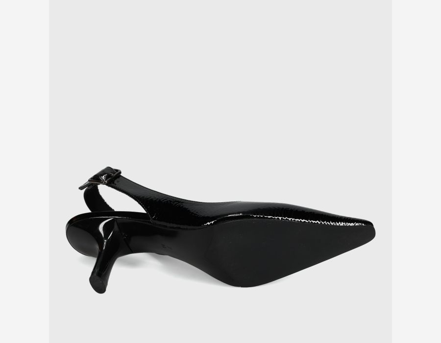Patti - Black Naplak glossy patent leather slingback with pointed toe and buckled strap by VANELI