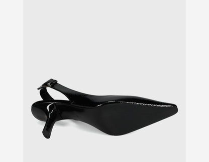 Patti - Black Naplak glossy patent leather slingback with pointed toe and buckled strap by VANELI