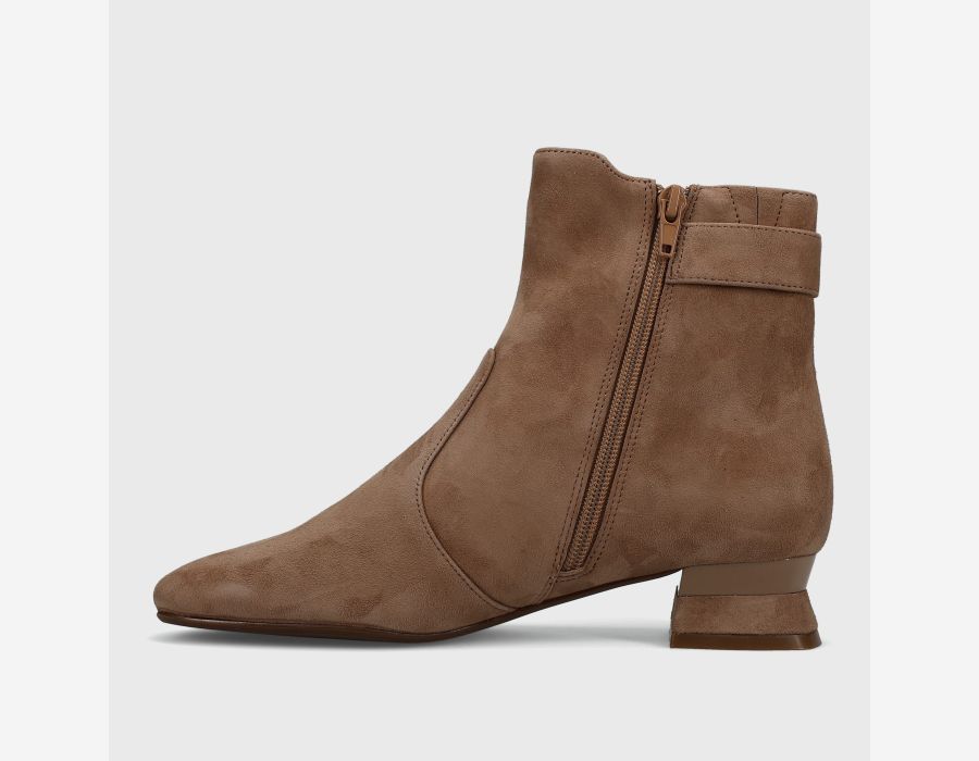 Pierot - Military Suede brown rounded square-toe ankle boot with side zip and tab buckle by VANELI
