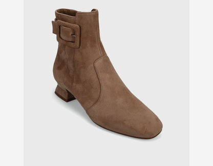 Pierot - Military Suede brown rounded square-toe ankle boot with side zip and tab buckle by VANELI