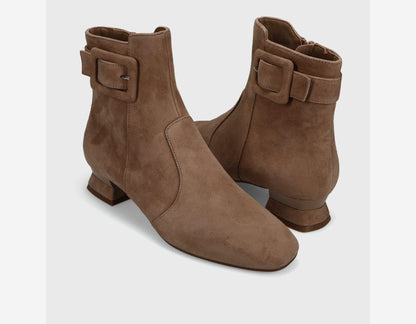 Pierot - Military Suede brown ankle boot with side zip and buckled tab heel by VANELI