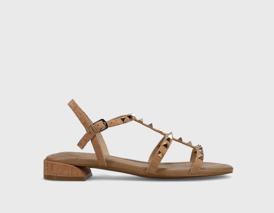 Becky - Natural Cork T-strap sandal with metal pyramid studs by VANELI at HCO Fredericksburg