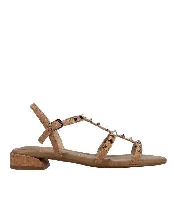 Becky - Natural Cork T-strap sandal with metal pyramid studs, cork heel by VANELI at HCO FBG