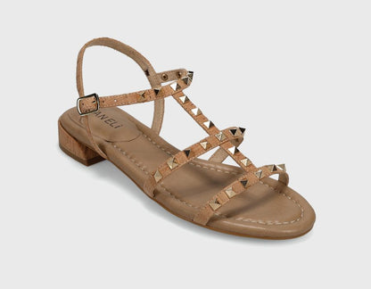 Becky - Natural Cork sandal with pyramid studded T-straps and cork heel by VANELI at HCO