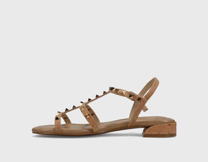 Becky - Natural Cork T-strap sandal with metal pyramid studs and cork heel by VANELI at HCO
