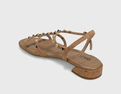 Becky - Natural Cork T-strap sandal with metal pyramid studs and cork heel by VANELI at HCO FBG