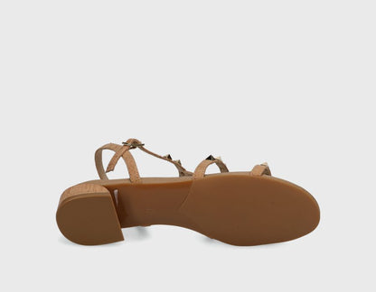 Becky - Natural Cork T-strap sandal with metal pyramid studs and rubber sole by VANELI at HCO