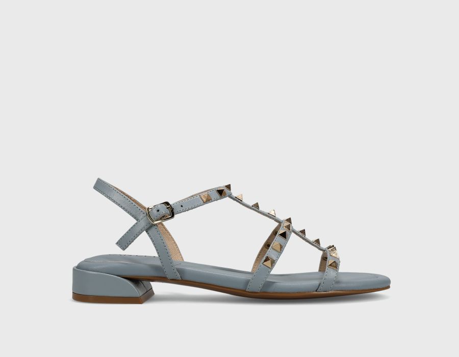 Becky - Pale Blue Aston leather T-strap sandal with metal pyramid studs by VANELI at HCO