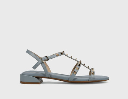 Becky - Pale Blue Aston leather T-strap sandal with metal pyramid studs by VANELI at HCO