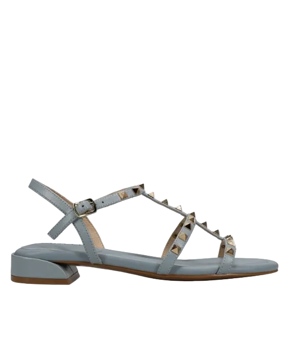 Becky - Pale Blue Aston leather T-strap sandal with metal pyramid studs by VANELI at HCO FBG