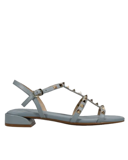 Becky - Pale Blue Aston leather T-strap sandal with metal pyramid studs by VANELI at HCO FBG