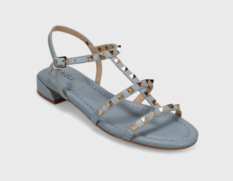 Becky - Pale Blue Aston leather T-strap sandal with metal pyramid studs by VANELI at HCO