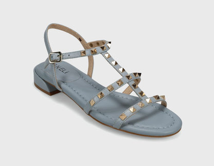 Becky - Pale Blue Aston leather T-strap sandal with metal pyramid studs by VANELI at HCO