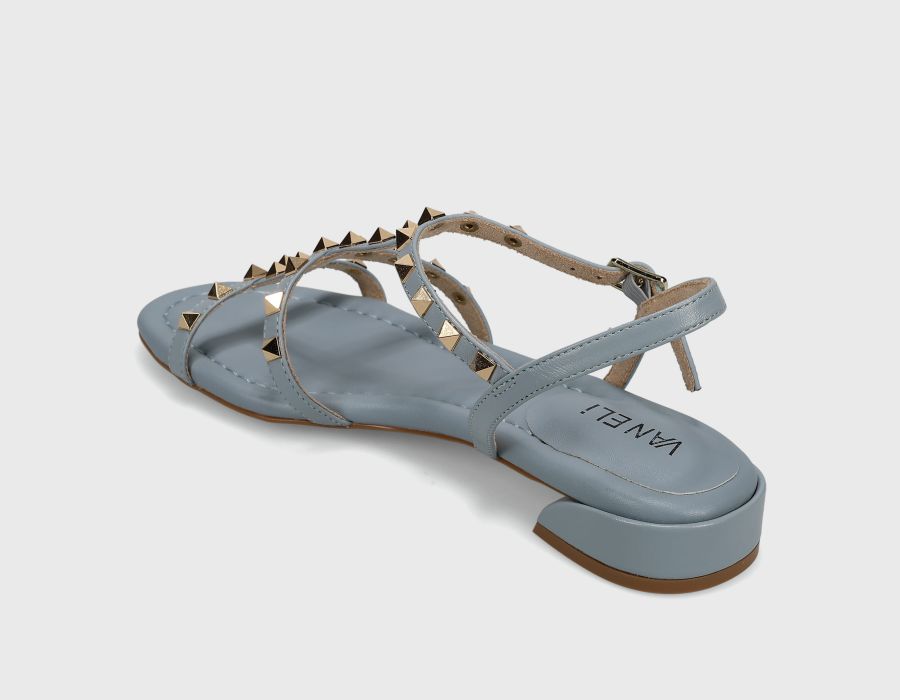 Becky - Pale Blue Aston T-strap leather sandal with metal pyramid studs by VANELI at HCO FBG