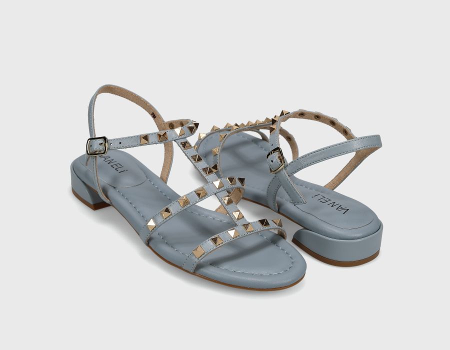 Becky - Pale Blue Aston leather T-strap sandal with pyramid studs by VANELI at HCO Fredericksburg