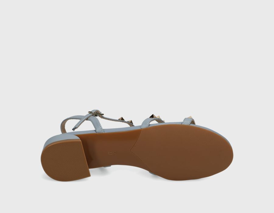 Becky - Pale Blue Aston sandal with leather T-strap and metal pyramid studs by VANELI