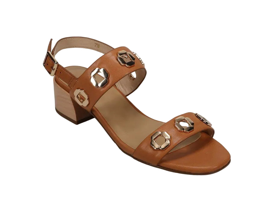 Cris - Almond Cyrene brown leather sandal with metal ornaments and wood-look block heel VANELI HCO