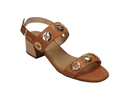 Cris - Almond Cyrene brown leather sandal with metal ornaments and wood-look block heel VANELI HCO