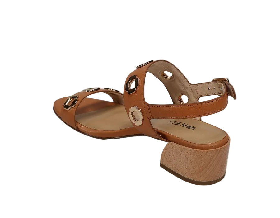 Cris - Almond Cyrene brown leather sandal with metal details and wood-look block heel VANELI