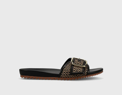 Adya - Black Beige Ottorafia bouclé slide sandal with oversized buckle and treaded sole by VANELI