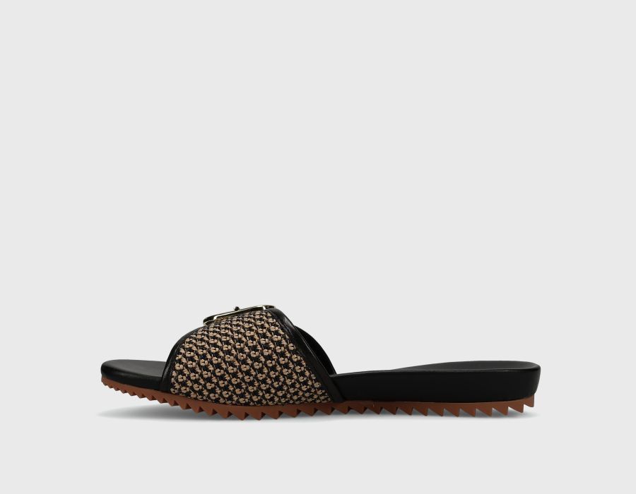 Adya - Black Beige Ottorafia geometric bouclé slide sandal with oversized buckle by VANELI