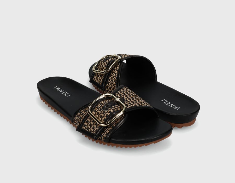 Adya - Black Beige Ottorafia bouclé slide sandal with oversized buckle, treaded rubber sole by VANELI