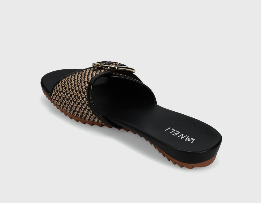 Adya - Black Beige Ottorafia geometric bouclé slide sandal with oversized buckle by VANELI
