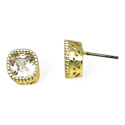 Gold CZ square stud earring front view, faceted clear square crystal