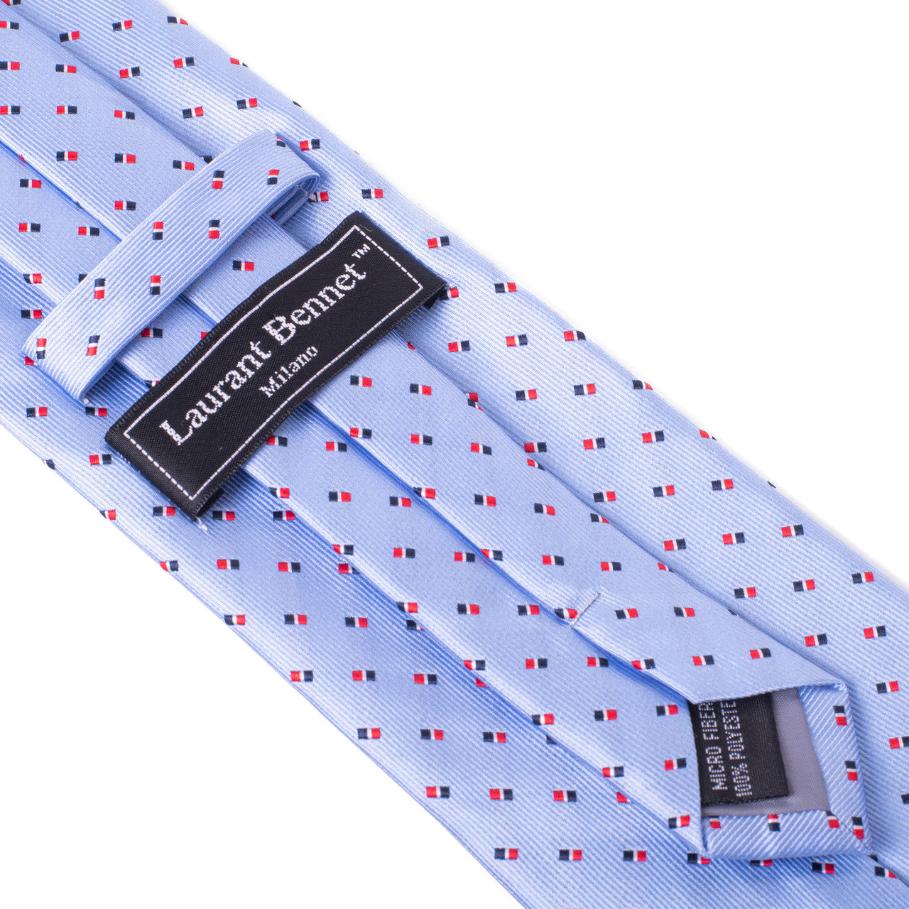 Men's Tie 5981 in light blue microfiber with geometric red and navy dots by SELINI NEW YORK HCO Ties